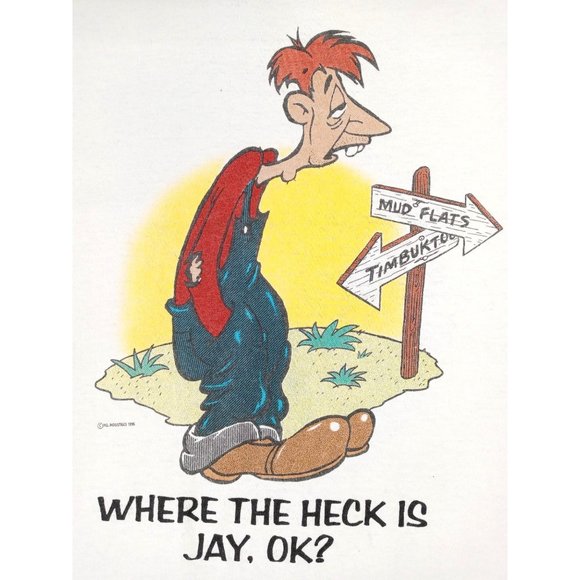 Vintage T Shirt Gildan Men Large Where Heck Is Jay Oklahoma White Hillbilly OK - Picture 4 of 8